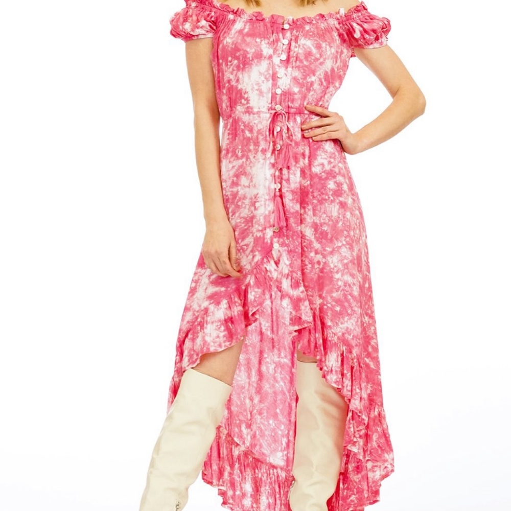 Tiare Hawaii Pink Tie-Dye Off-Shoulder Hi-Low Dress